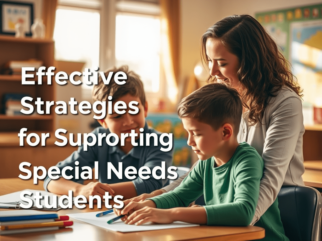 A teacher assisting a student with special needs in a classroom setting